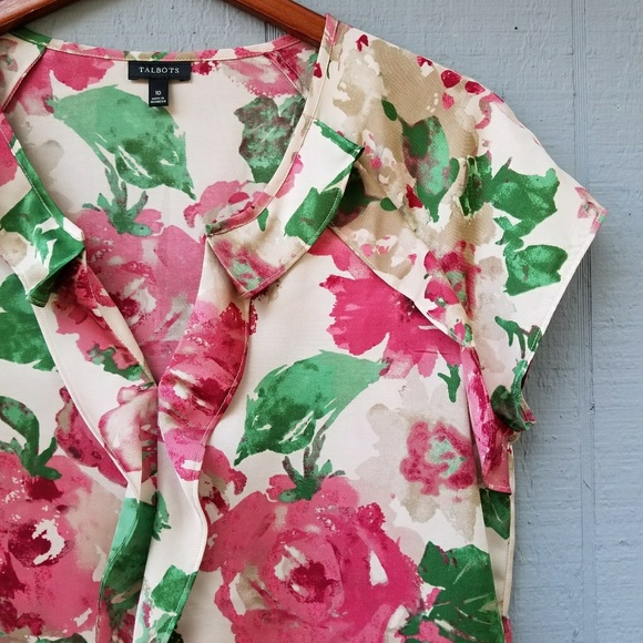 Talbots Tops - Talbots Ruffle Front Floral Blouse 10 Cap Sleeve